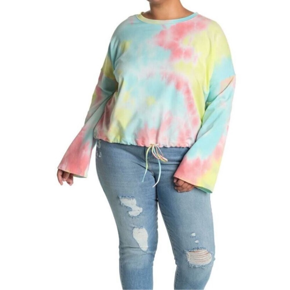 NWT 14th & Union Tie Dye Drawstring Waist Pullover Sweater yellow blue pastel L